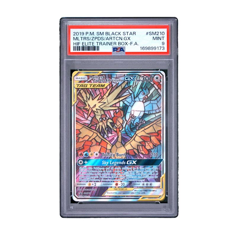 Pokémon – Moltres & Zapdos & Articuno-GX SM210 Full Art – Black Star Promo (EN) – PSA 9