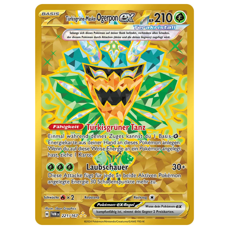 Ogerpon als goldene Hyperseltene Karte aus Pokémon Maskerade im Zwielicht