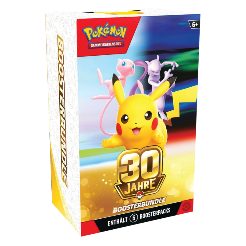 Pokémon 30 Jahre Boosterbundle auf Deutsch mit Pikachu, Mew und Mewtu, enthält 6 Boosterpacks