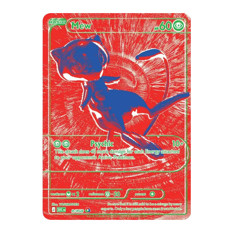 RGB-Mew-Karte aus dem Pokémon-Set 30 Jahre mit rotem Hintergrund und blauem Mew