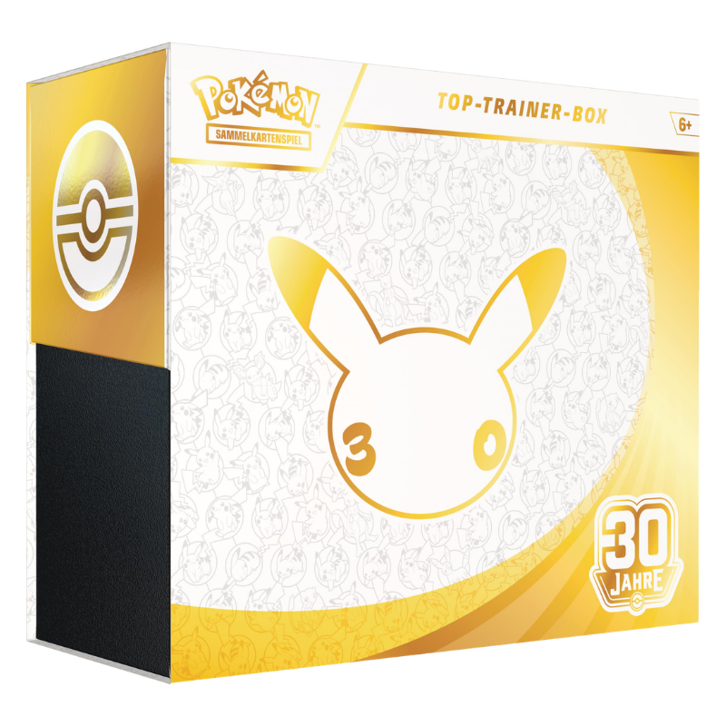 Pokémon 30 Jahre Top-Trainer-Box auf Deutsch mit Pikachu-Motiv und goldenem Jubiläumslogo