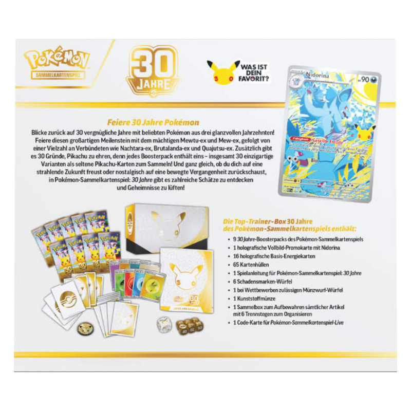 Rückseite der Pokémon 30 Jahre Top-Trainer-Box mit Inhaltsangabe und Nidorina-Promokarte