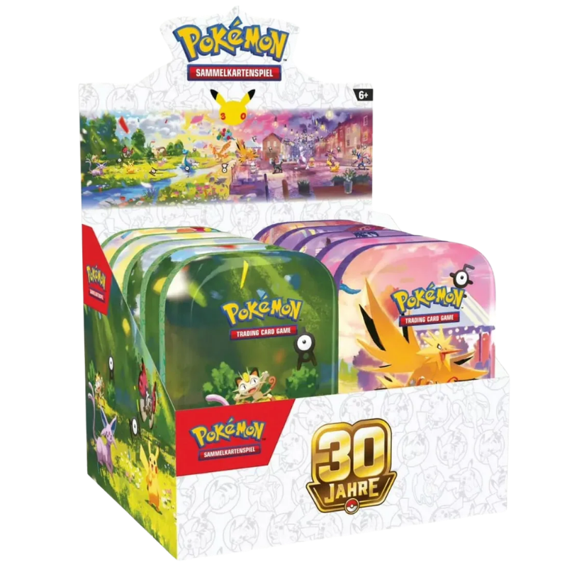Pokémon 30 Jahre Mini-Tin-Box Display auf Deutsch mit mehreren Dosen im Verkaufskarton