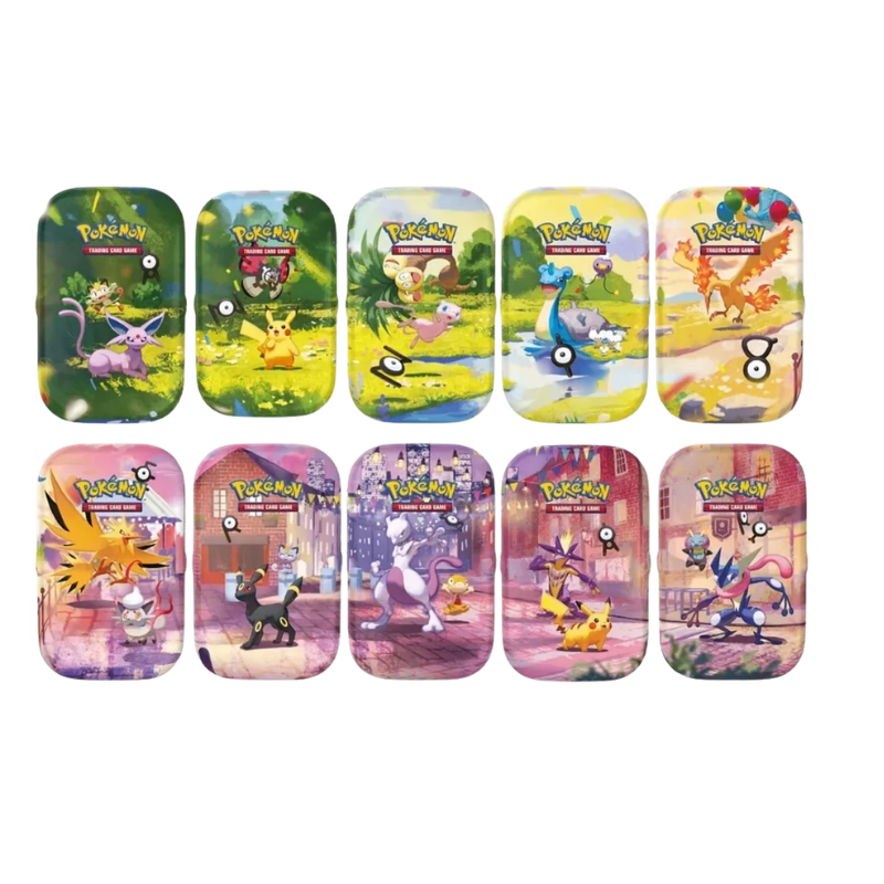 Alle zehn Motive der Pokémon 30 Jahre Mini-Tin-Box mit Tag- und Nacht-Szene