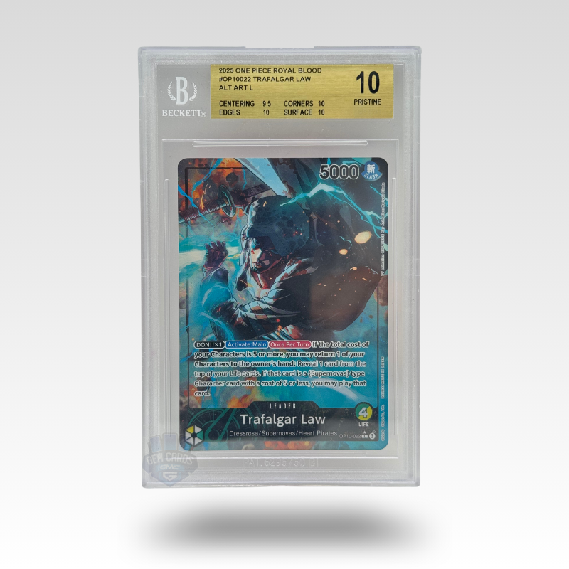 One Piece – Trafalgar Law OP10-022 Alt Art Leader – Royal Blood (EN) – BGS 10 Pristine