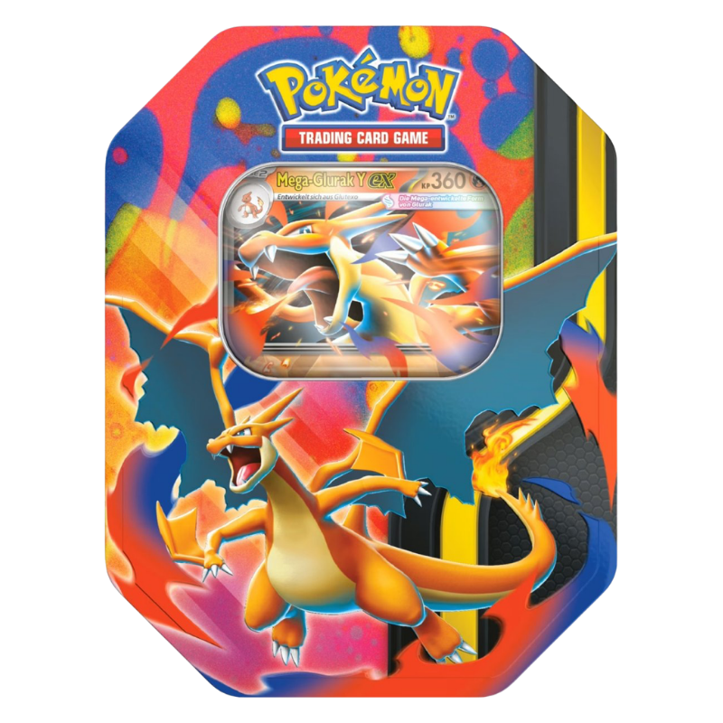 Pokémon Tin-Box Mega-Glurak Y-ex auf Deutsch mit Promokarte und 4 Boosterpacks