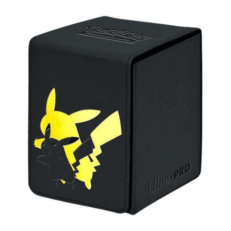 Ultra Pro Elite Series Pikachu Alcove Flip Deck Box aus schwarzem Kunstleder mit Pikachu in Folienprägung