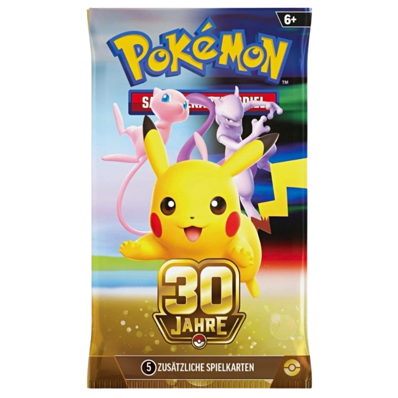 Pokémon 30 Jahre Boosterpack auf Deutsch mit Pikachu und goldenem Jubiläumslogo, 5 zusätzliche Spielkarten