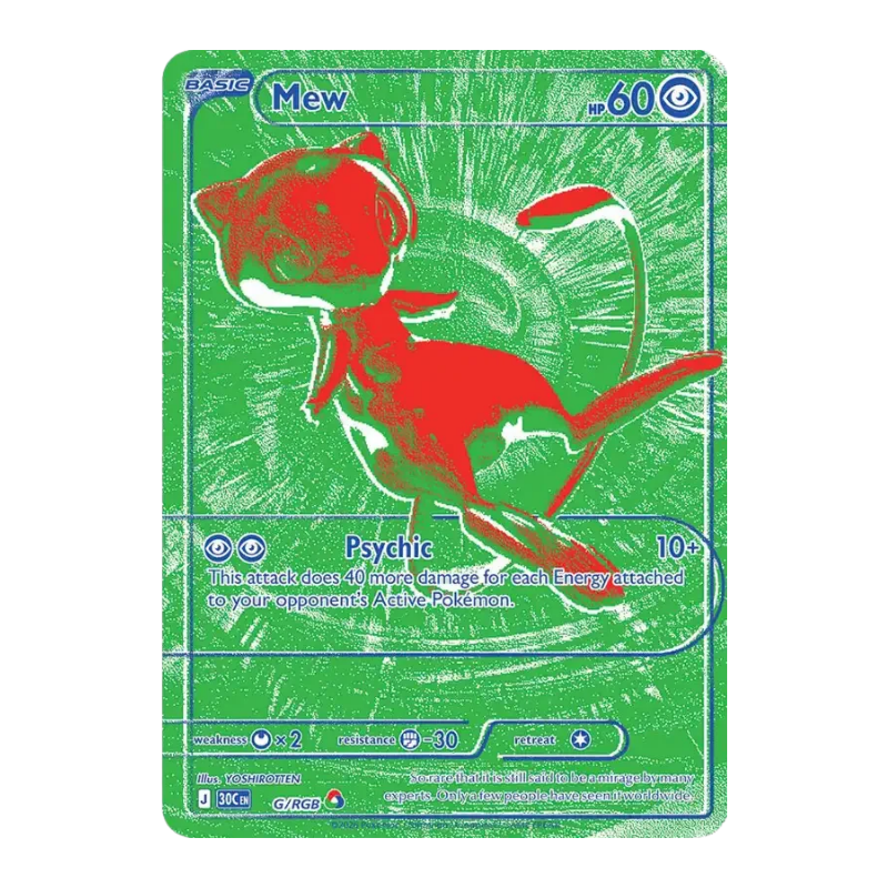 RGB-Mew-Karte aus dem Pokémon-Set 30 Jahre mit grünem Hintergrund und rotem Mew